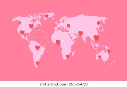 Hearts World Map In Valentine's Day. Love Around The World. Vector Illustration In Flat Style Modern Design. Romance And Online Dating.