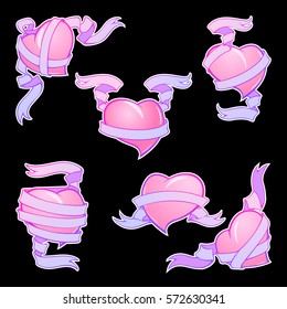 Hearts wrapped with ribbons. St Set of Valentine's day festive design elements isolated on black background. Tattoo or wedding decor design element. Scrapbooking stickers. EPS 10 vector.