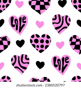 Hearts y2k seamless pattern. Modern groovy doodle background for Valentine day. Love, romance, wedding. Vector illustration