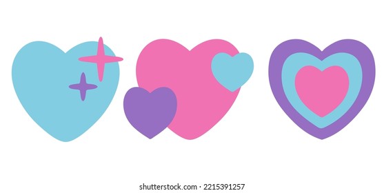 Hearts in y2k style. Vector illustration. Nostalgia for the 2000 years. Perfect print for tshirt