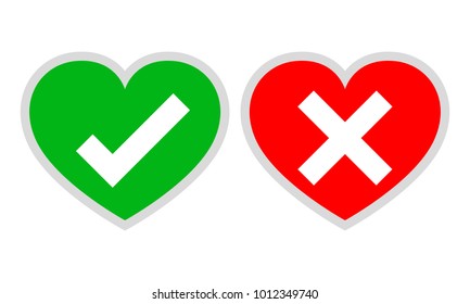 Hearts with Yes and No check marks. Vector illustration. Red and green hearts with check marks on white background.