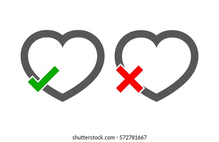 Hearts with Yes and No check marks. Yes and No check marks. Vector illustration. Gray hearts with red and green check marks on light background.