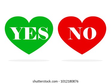 Hearts with Yes and No text. Vector illustration. Heart icons in flat design, isolated.