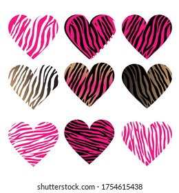 
Hearts. Zebra pattern. Set of decorative elements for the design of advertising, packaging, fabric, textile.