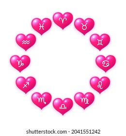 Hearts with zodiac signs inside in circular shape. Twelve glossy pink hearts astrological symbols. Love horoscope prediction design realistic vector illustration