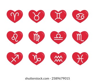 Hearts with zodiac signs . Isolated horoscope zodiac symbols : Aries, Taurus, Gemini, Cancer, Leo, Virgo, Libra, Scorpio, Sagittarius, Capricorn, Aquarius, and Pisces.  vector illustration.