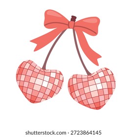 Heart-shape cherry- disco ball. Retro love icon decorated with bow. Pink and red colors. Vector flat illustration isolated on a white background. For decorating postcards, banners. Valentine's day.

