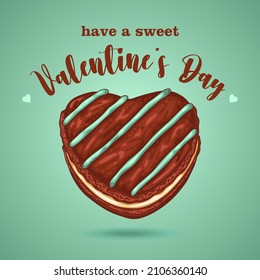 A heart-shape macaroon. Love symbol. Vector illustration. Floating chocolate macaroon supplemented with text HAVE A SWEET VALENTINE'S DAY. Greeting card, poster, banner, ad, social media post, flyer