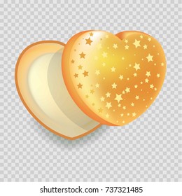 Heart-shape open gift box of shiny iridescent orange color with gold stars isolated vector