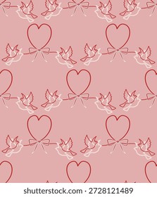 Herzförmige Umrisse nahtlose Muster mit Vögeln Umriss. Coquette ästhetische Muster mit Bändern und Herzen; Wiederholungsdruck zum Valentinstag
