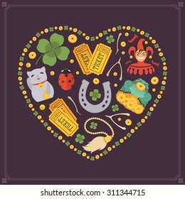 Heart-shape vector decorating design made of Lucky Charms. Colorful card template