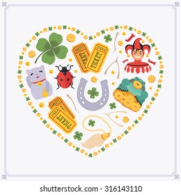 Heart-shape vector decorating design made of Lucky Charms. Colorful card template