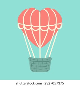 Heart-shaped air balloon, hot air balloon, aerostat. Children's illustration for for greeting card, invitation, print, sticker. Illustration for birthday and valentine's day.