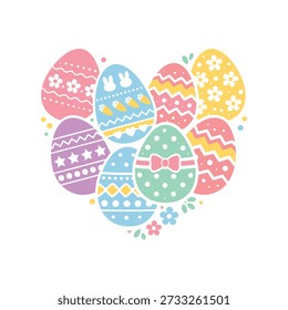Heart-Shaped Arrangement of Cute Decorated Easter Eggs – Pastel Spring Illustration
