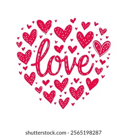 Heart-shaped arrangement of red hearts with love text in the center, dotted details, white background, symbolizing romance and affection