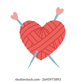 heart-shaped ball with knitting needles inside. An isolated item for handicrafts. cozy atmosphere. flat color illustration. For about knitting, handicrafts, blogs, printed products, or hobby items