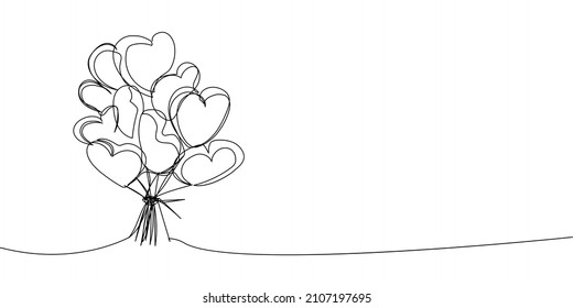 Heart-shaped balloon bouquet continuous line drawing. One line art of decoration, accessory, , holiday, romance, congratulate, surprise, heart.