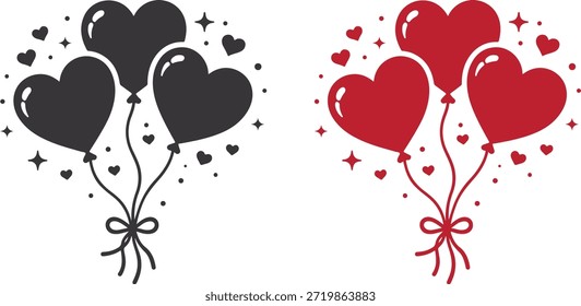 Heart-shaped balloon bouquet vector with three floating love balloons tied together, surrounded by small hearts and sparkles. Available in black and red versions, clean flat silhouette design isolated on white background, perfect for Valentine’s Day, wedding cards, love quotes, romantic posters, stickers, and printable designs.