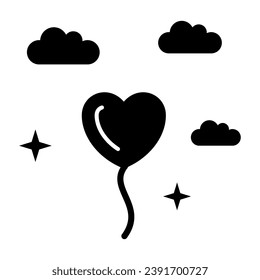 Heart-shaped balloon in clouds solid icon, Valentines Day concept, love symbol on white background, hot air balloon in shape of heart flying in air icon in glyph style. Vector graphics