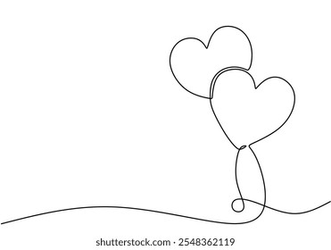Un globo en forma de corazón flotando en un dibujo continuo de una línea, que representa el amor y la ligereza del corazón.