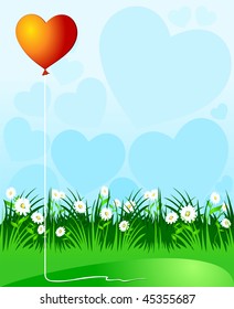 A heart-shaped balloon flying alone in a meadow full of flowers, vector