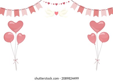 Heart-shaped balloon and garland frame 01. Vector illustration for birthday card, Valentine's Day, mothers days.