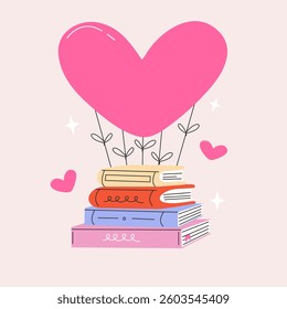 A heart-shaped balloon tied to a pile of books. The concept of a gift in the form of books. Discount on the purchase of books in the bookstore. Vector isolated illustration 
