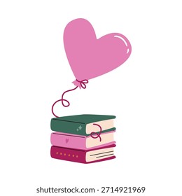 Globo en forma de corazón atado a una pila de libros. Regalo de San Valentín. 