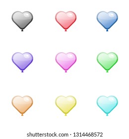 heart-shaped balloons, black, green, red, yellow, pink, blue, orange, purple, blue on a white background