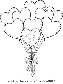 Heart-shaped balloons with just strokes in an arrangement with a ribbon bow, art for Valentine's Day