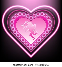 heart-shaped base surrounded by pink light bulbs
In the middle is the symbol of cupid (God of desire)
outside there are heart-shaped pink neon lights.
used for decoration on Valentine's Day