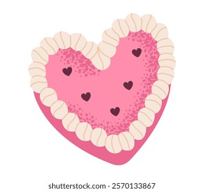 Heartshaped birthday cake with cream, icing and decorations. Festive flat vector illustration.