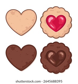 Heart-shaped biscuits, cookies in a shape of a heart, cute kawaii cartoon style illustration