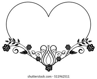 Heart-shaped black and white frame with floral silhouettes.