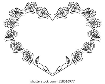Heart-shaped black and white frame with floral silhouettes. Copy space. Vector clip art.