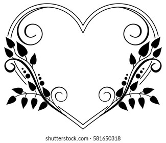 Heart-shaped black and white frame with floral silhouettes. Copy space. Vector clip art.