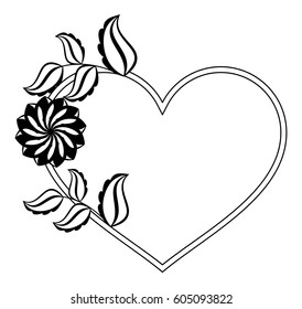 Heart-shaped black and white frame with floral silhouettes. Copy space. Vector clip art.