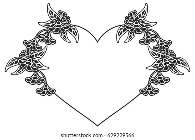 Heart-shaped black and white frame with floral silhouettes. Copy space. Vector clip art.