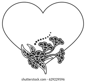 Heart-shaped black and white frame with floral silhouettes. Copy space. Vector clip art.