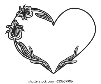 Heart-shaped black and white frame with floral silhouettes. Copy space. Vector clip art.