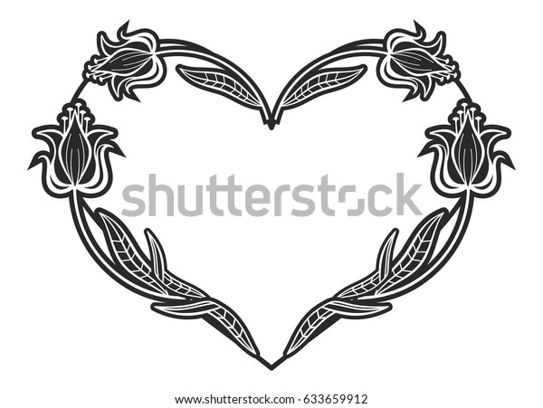 Heartshaped Black White Frame Floral Silhouettes Stock Vector Royalty Free