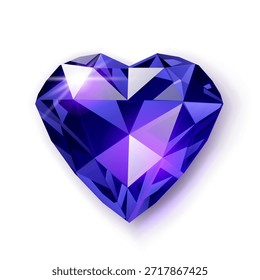 Una piedra preciosa azul en forma de corazón con múltiples facetas, reflejando la luz, sobre un fondo blanco con una sombra sutil.