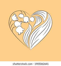 Heart-shaped bouquet of lilies of the valley, black and white flowers on a pale orange background. Suitable for valentine, greeting card, wedding invitation, any other design.