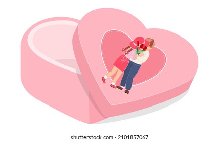 Heart-shaped box with characters in love. Layout. Vector. Can be used for web design for Valentine's Day, March 8, birthday, anniversary. 