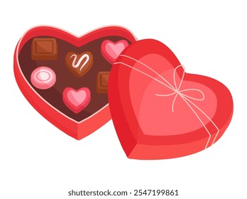 Heart-shaped box of chocolates with assorted sweets. Concept for Valentine's day and wedding, symbolizing love and affection. Vector isolated