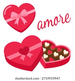 Herzförmige Schachtel Pralinen mit verschiedenen Süßigkeiten. Konzept für Valentinstag und Hochzeit, symbolisiert Liebe und Zuneigung. Vektorgrafik einzeln