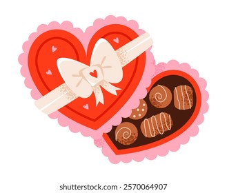 A heartshaped box of chocolates decorated with a bow. A delicious gift for Valentine's Day. Flat vector illustration.