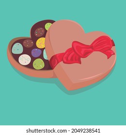 Heart-shaped box of chocolates. Vector chocolates. Gift with ribbon.