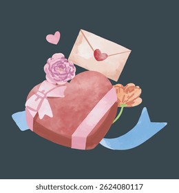 Heart-shaped box with flowers, envelope, and ribbon for Valentine's Day in isolated background