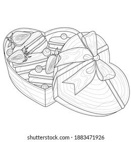 
Heart-shaped box with macaroons and berries.Coloring book antistress for children and adults. Zen-tangle style.Black and white drawing